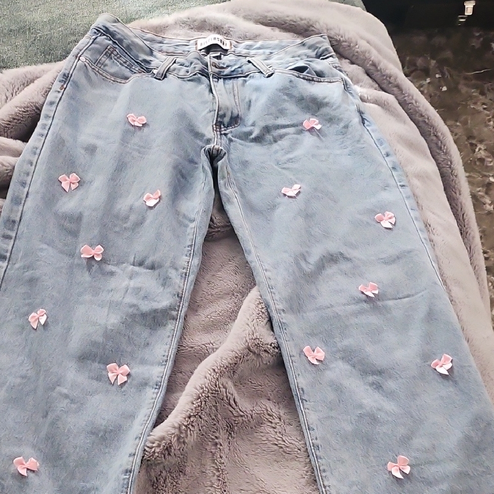 Women's Blue Jeans with Pink Bow Accents